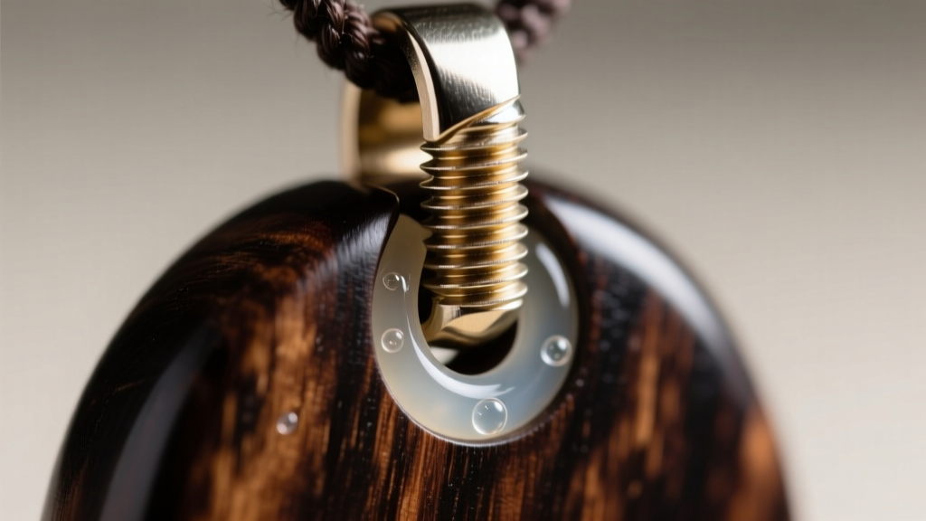 Macro shot of a threaded metal bail inserted into an African Ebony wooden pendant, showing clear epoxy seal around the threads.