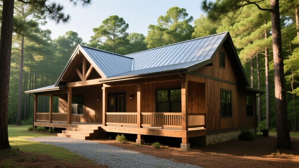Newly constructed craftsman home with deep wrap-around porch and metal roof set against lush pine forest in rural Alabama