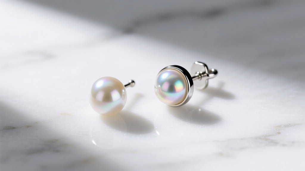 Flat lay of a matched freshwater pearl earring set featuring a 7mm lobe stud and a 16-gauge helix cuff on white marble