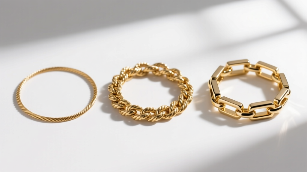 Macro photography comparing three gold chain styles: a thin cable chain, a textured rope chain, and a sleek box chain on white.