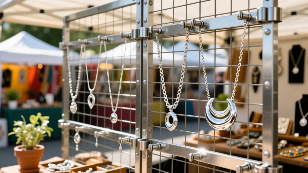 Close-up of steel gridwall panels connected by metal clamps, displaying silver necklaces at a sunny outdoor craft market booth.