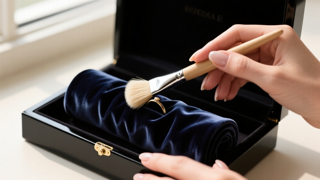 Hands gently brushing dust off plush velvet ring rolls inside a black jewelry box using a soft-bristled horsehair detailing brush