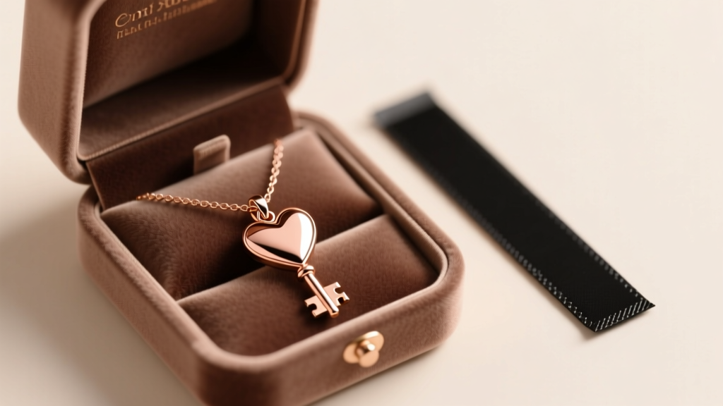 Polished rose gold heart and key necklace secured in a velvet-lined jewelry box compartment next to a black anti-tarnish strip