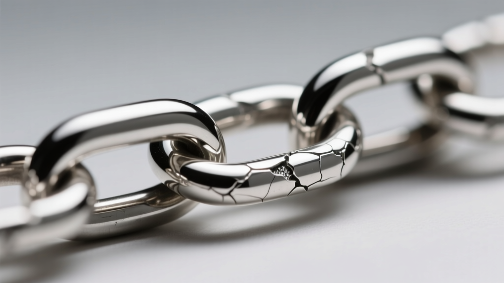 Loupe view of a stretched sterling silver box chain link showing metal fatigue and micro-fractures under bright focused lighting