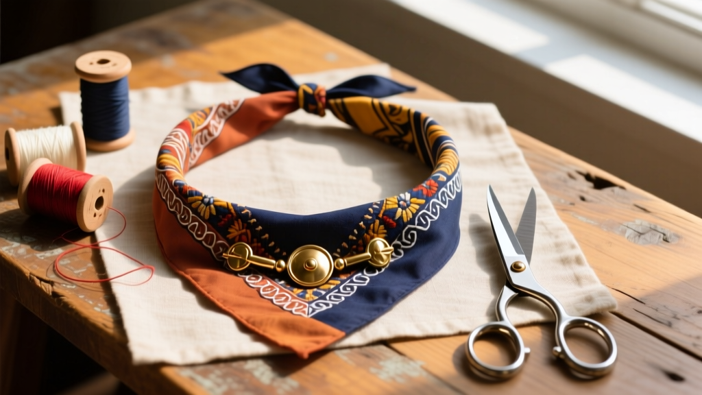 Flat lay of a handmade cotton bandana necklace with brass clasps, fabric scissors, and thread on a rustic wooden desk.