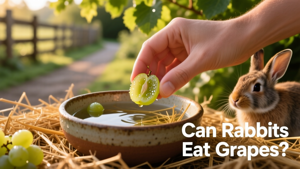 A hand placing a single halved grape next to a bowl of fresh hay and water