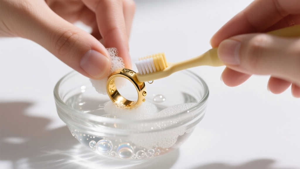 Hands gently scrubbing a gold-plated zinc alloy ring with an extra-soft baby toothbrush inside a small glass bowl of soapy water