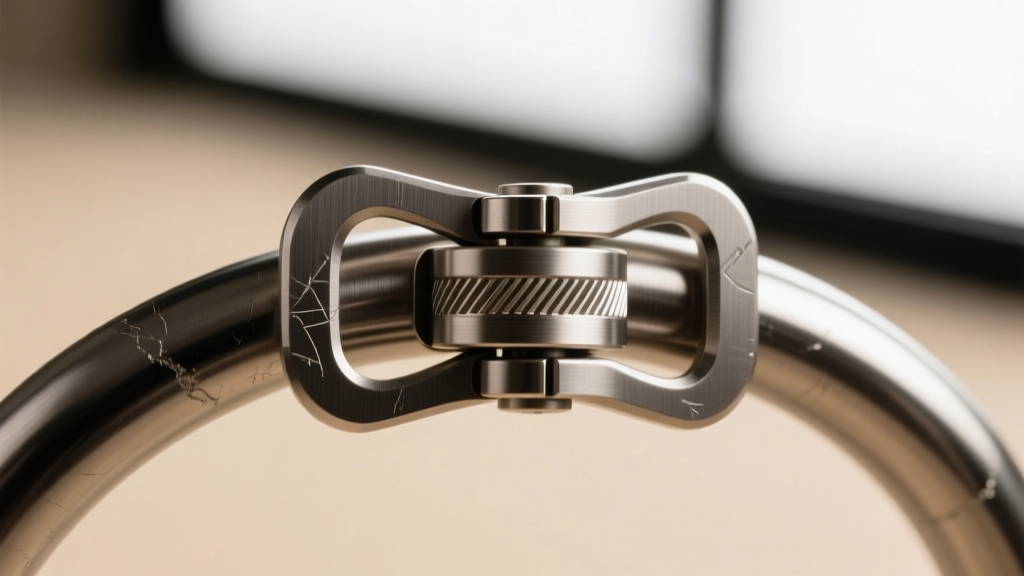 Macro shot of a 16-gauge titanium saddleback clasp on a thick hoop, highlighting the tension groove and secure lock mechanism