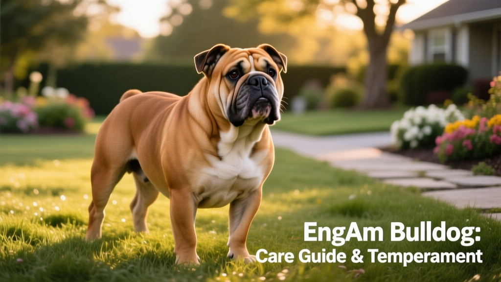 A healthy adult EngAm Bulldog standing confidently on grass, showcasing its muscular build, expressive eyes, and short, glossy coat