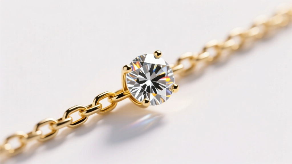 Close-up of a 0.75 carat round brilliant diamond sliding freely on a 1mm 18k yellow gold box chain, soft studio lighting.