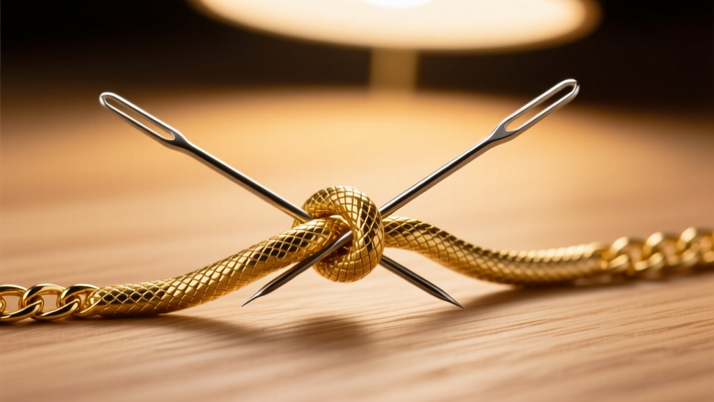 Two fine sewing needles gently working apart a tight knot in a delicate 18k gold snake chain, illuminated by a warm lamp on wood.