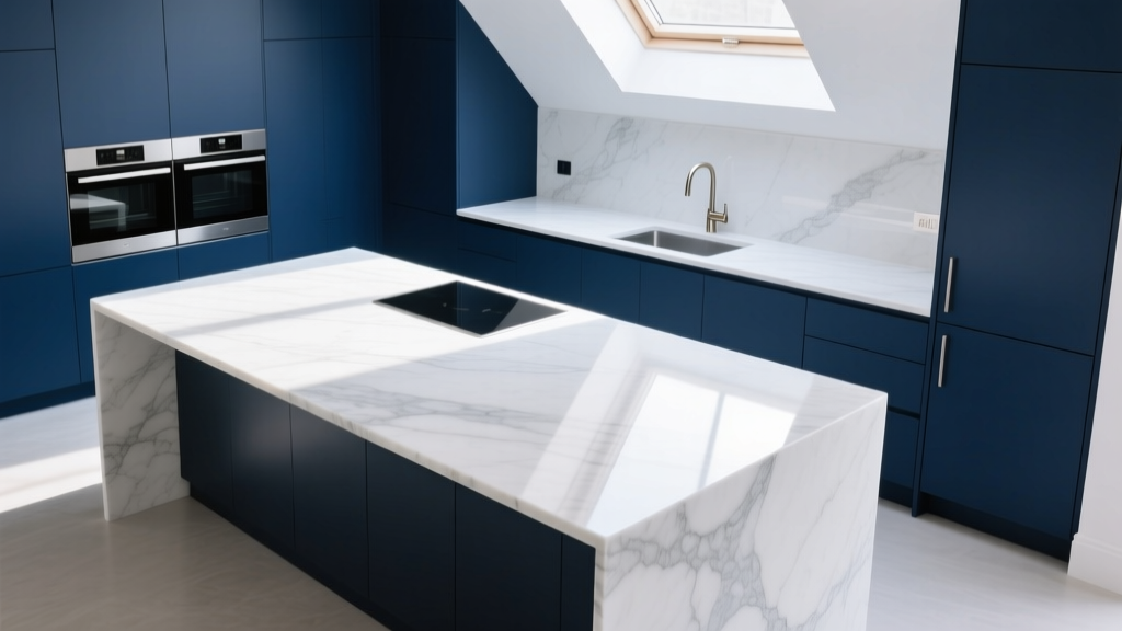 Top-down view of a kitchen island featuring white quartz countertops with a waterfall edge, contrasting with dark navy cabinetry.