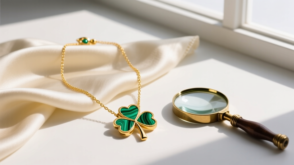 Flat lay of an 18k yellow gold 4 leaf clover necklace with malachite inlay resting on a cream silk scarf beside a jeweler's loupe