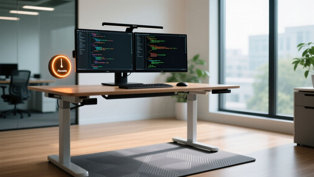 A sleek 2026 startup desk setup featuring a glowing pomodoro focus timer, an ergonomic standing desk mat, and a dual-monitor coding station.