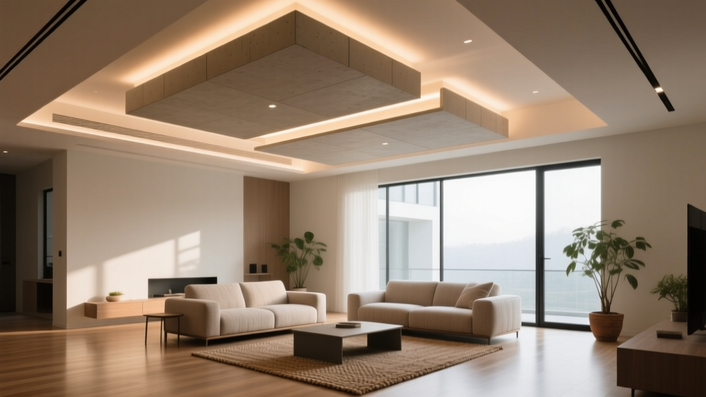 Modern living room featuring a multi-level suspended ceiling constructed with lightweight gypsum ceiling boards and recessed LED lighting