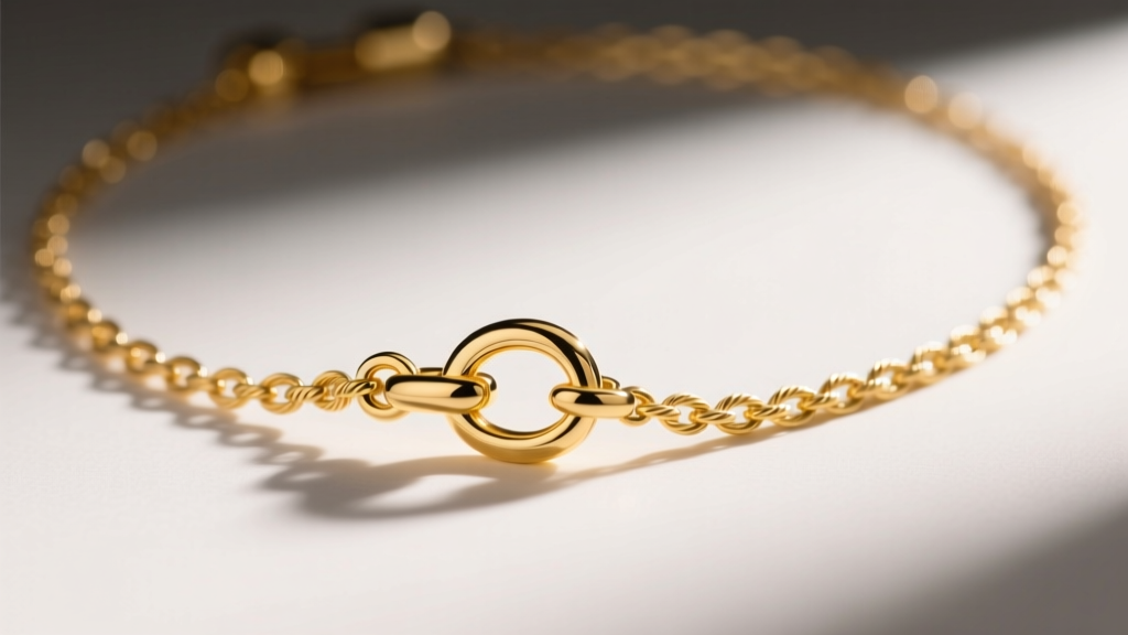 Macro photography of a polished 14k yellow gold necklace lobster claw clasp attached to a delicate cable chain, studio lighting