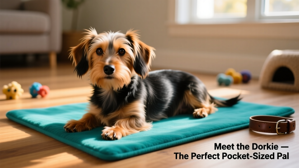 dorkie dog lying on a teal mat
