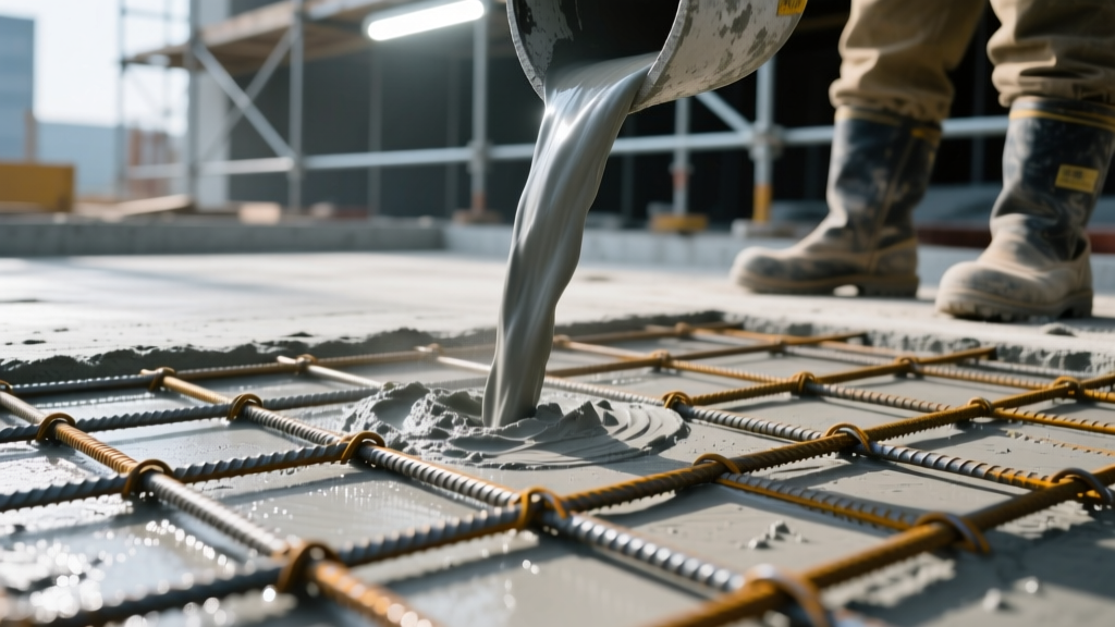 Close-up of a freshly poured reinforced concrete slab showing steel rebar grid and smooth troweled surface texture under bright construction site lighting