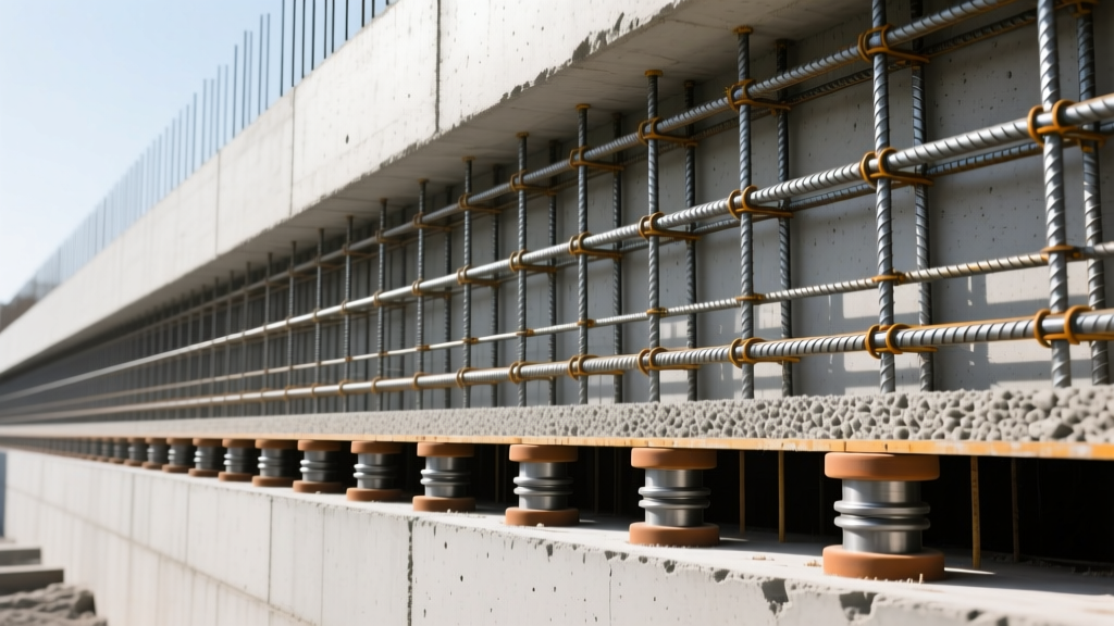 Cross-section of a reinforced concrete shear wall with steel rebar grid and base isolators visible in a modern seismic retrofit project