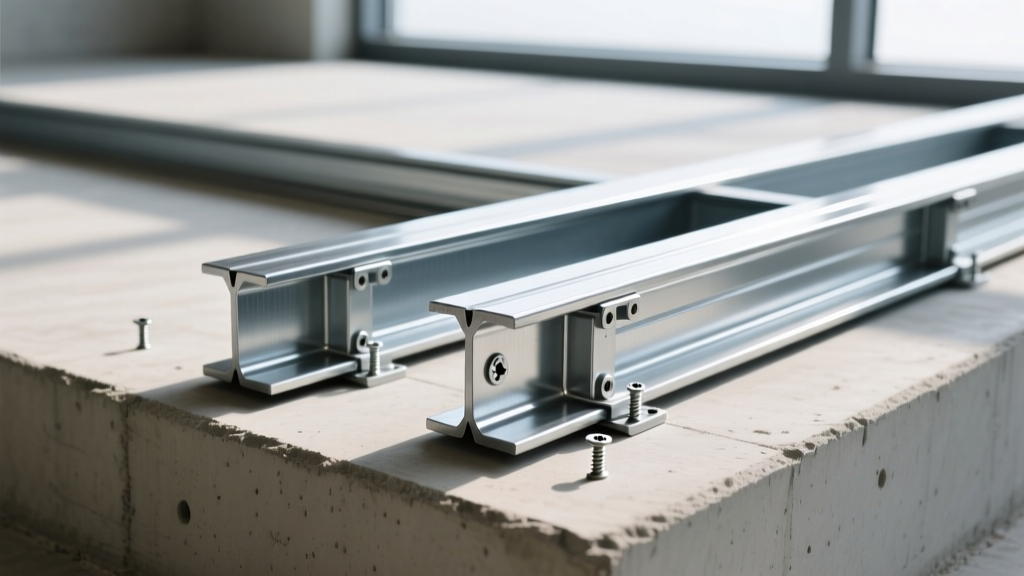 Galvanized light gauge steel building framing C-sections and tracks secured with self-drilling screws on concrete.