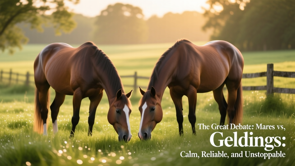 Two relaxed geldings grazing side by side in a green pasture, ears forward and bodies loose