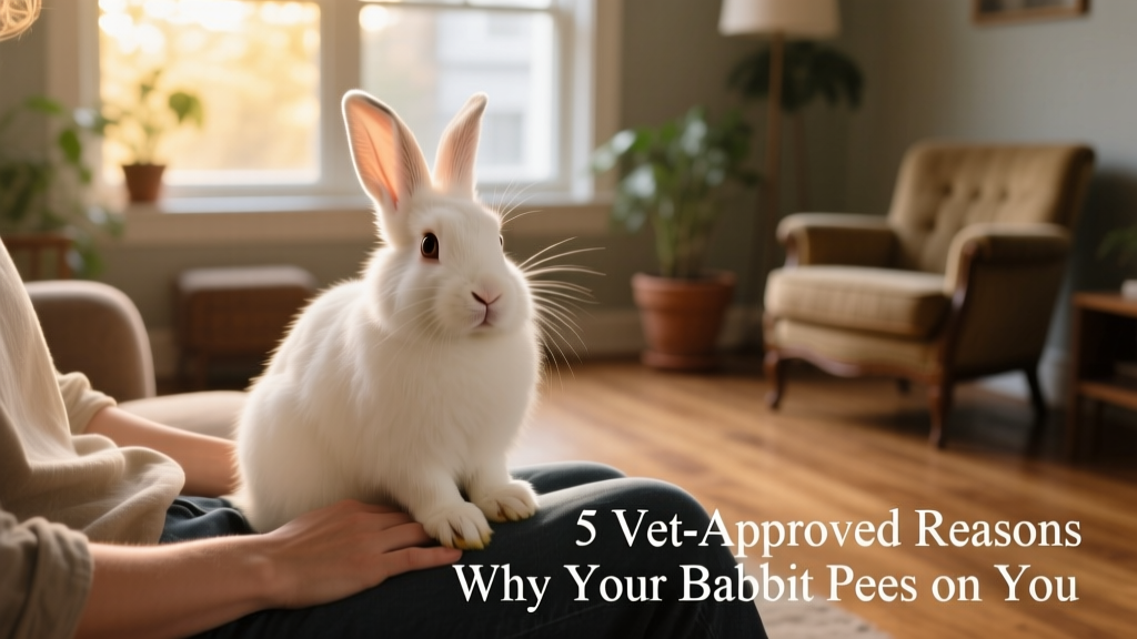 Rabbit sitting calmly on a person's lap, looking relaxed and content