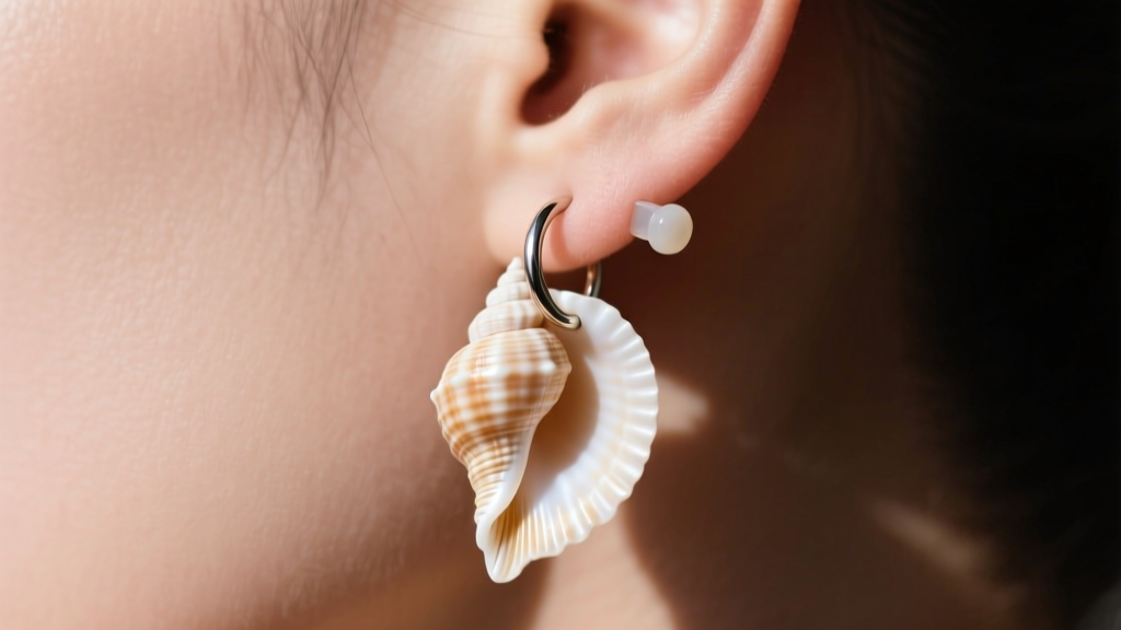 Close-up of an earlobe wearing a heavy fishhook seashell dangle earring, showing the need for clear silicone support stoppers.