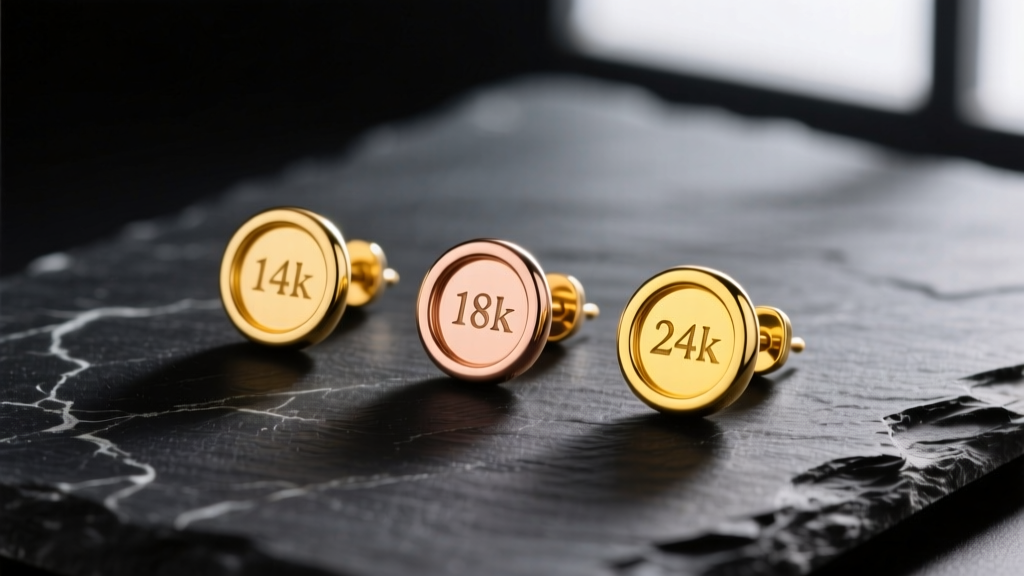 Macro shot of three ladies gold earrings in 14k, 18k, and 24k on dark slate, soft lighting highlighting subtle color differences