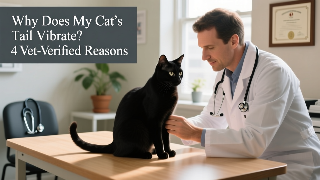 Veterinarian gently examining a cat's tail base while the cat sits calmly on an exam table