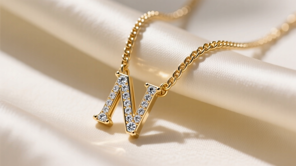 Close-up of a delicate 14k gold cable chain holding a diamond letter N pendant resting on a cream silk fabric background