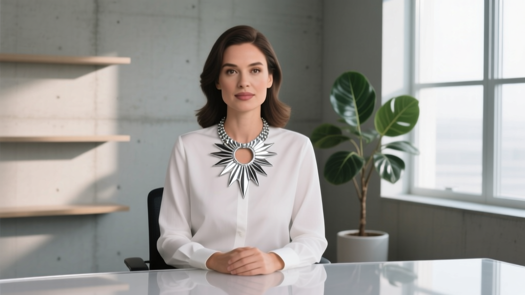 Female host wearing a striking silver sunburst necklace over a crisp white button-down shirt, seated at a modern broadcast desk.