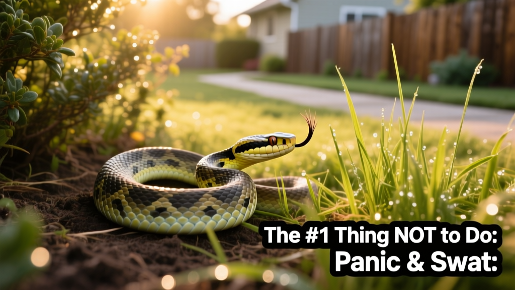 A rattlesnake coiled calmly in a suburban backyard near shrubbery and grass