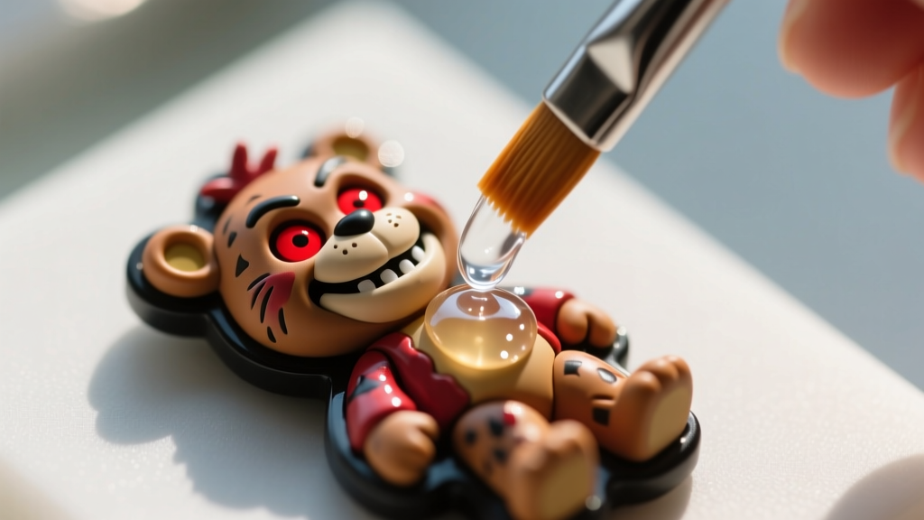 Overhead view of applying clear UV resin over a tiny Freddy Fazbear shrink plastic charm using a fine silicone brush in daylight
