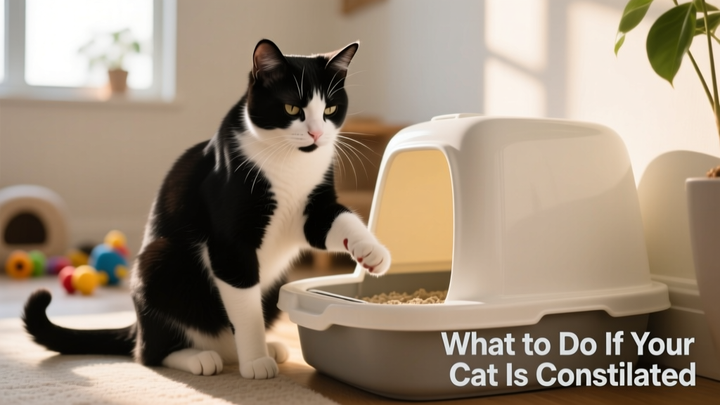 A cat sitting beside a litter box, looking uncomfortable and hesitant to use it