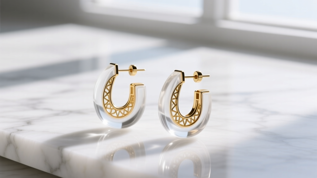 Close-up of transparent resin invisible clip-on earrings on white marble, catching soft studio lighting with gold accents.