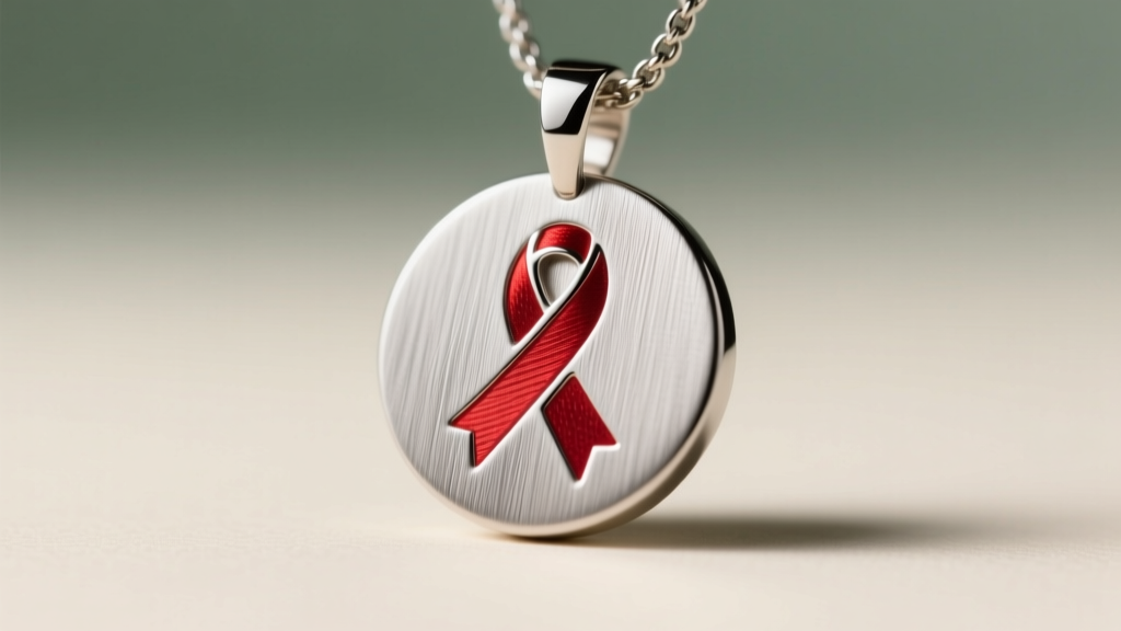 Macro shot of a brushed Grade 23 titanium breast cancer awareness pendant showing precise metal grain and a laser-engraved ribbon.