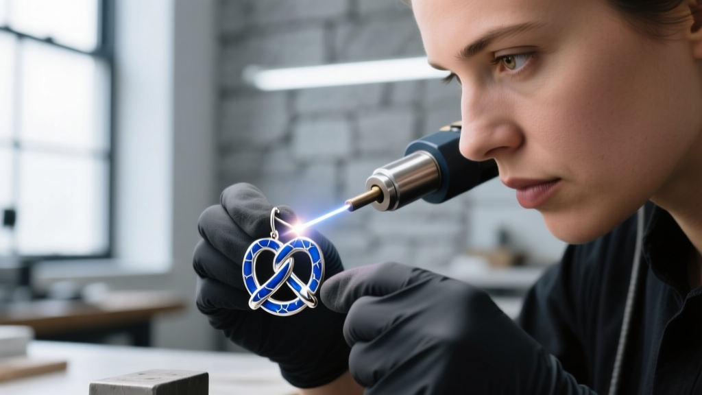 Jeweler using a laser welder on a 16-gauge silver pretzel earring to prevent heat damage to the intricate blue enamel finish.
