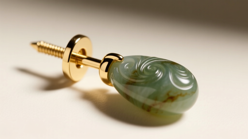 Close-up of an 18-gauge solid 14k gold earring post with a screw-back mechanism, attached to a heavy carved jade drop earring