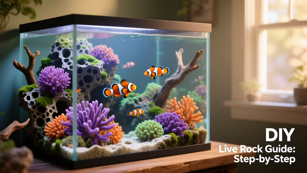 Finished saltwater aquarium featuring DIY live rock aquascape with healthy corals and swimming clownfish