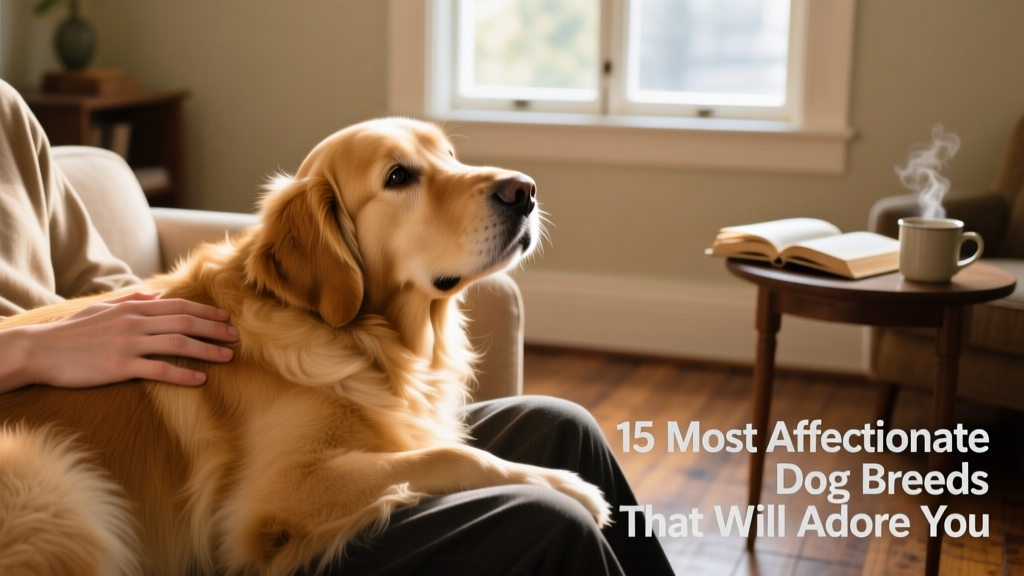 Golden Retriever resting its head on a person's lap, looking up with soft, loving eyes
