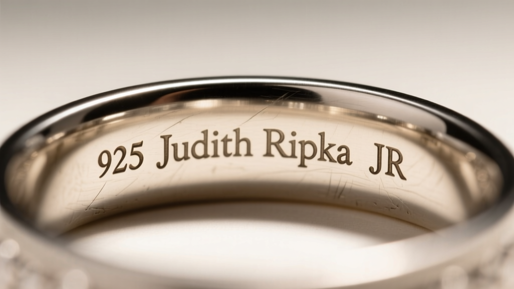 Macro photo of the inside shank of a vintage Judith Ripka ring showing the crisp 925 and JR hallmarks engraved in a serif font.