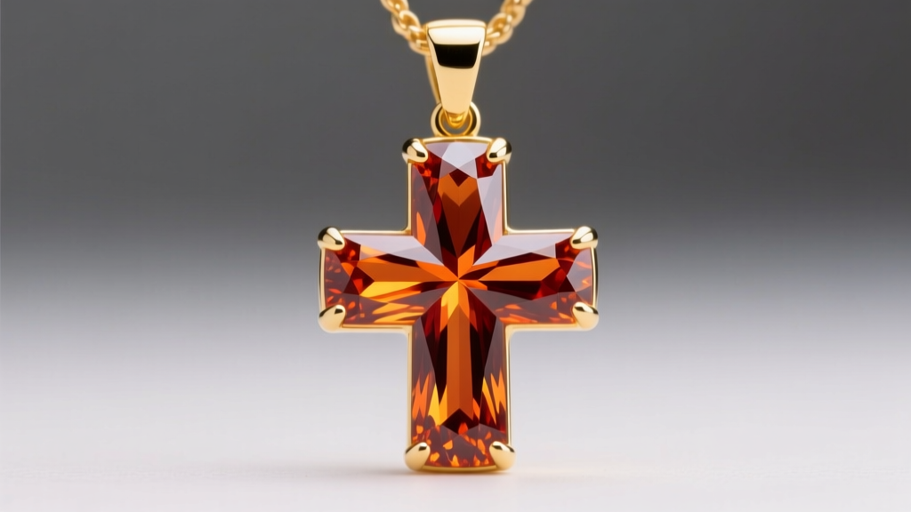 Macro shot of a Madeira citrine gemstone set in a 14k yellow gold cross pendant, showing deep reddish-orange hues and faceted cuts
