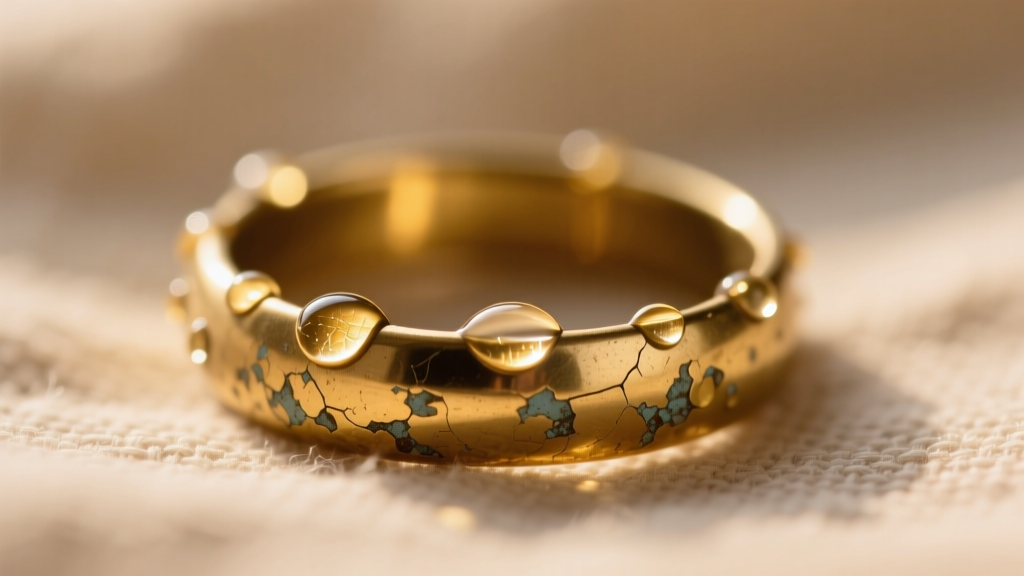 Macro photography of water droplets resting on a fading gold-plated brass ring, highlighting microscopic flaking in soft light.