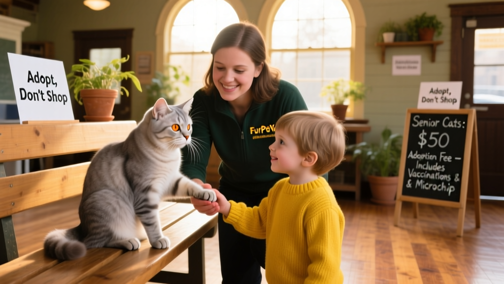 A FurPetVo volunteer helping a child gently meet a calm, friendly senior cat during an adoption open house