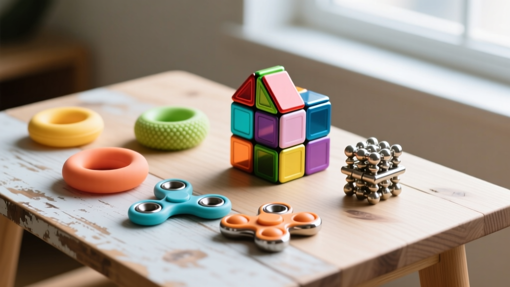 Tactile fidget tools and magnetic blocks on a wooden table, used for sensory grounding and hyperactivity management