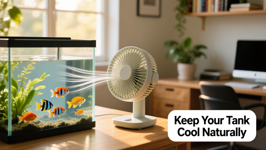 Small desktop fan positioned safely beside an open-top aquarium, gently blowing across the water surface