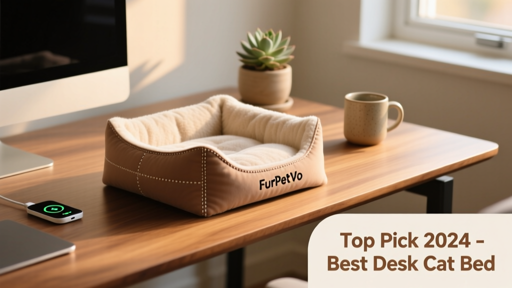 Side view of the FurPetVo Cat Nest on a modern desk—showing its compact footprint, soft texture, and subtle stitching details