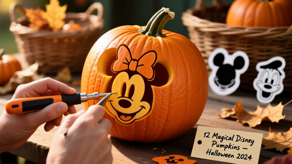Close-up of hands using a pumpkin carving kit to carefully cut around a Minnie Mouse stencil on a pumpkin