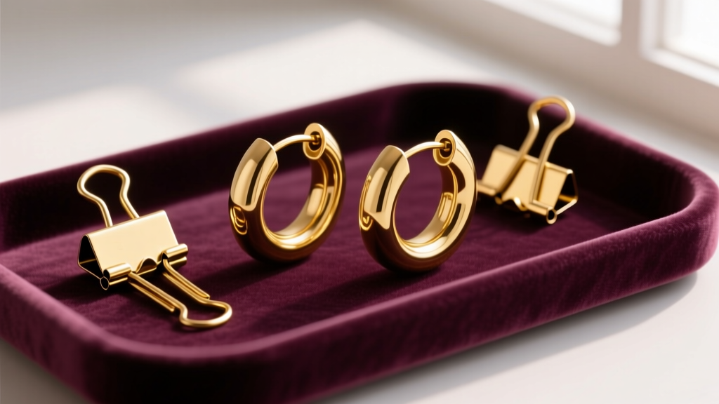 Flat lay of 14k yellow gold paper clip huggie hoops on a velvet tray, showcasing the secure hinged clicker closure mechanism