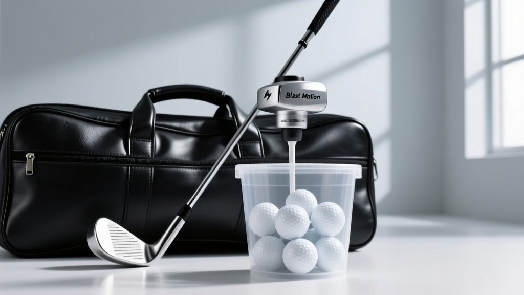 Blast Motion sensor on a golf club grip cap, resting against a leather bag next to a bucket of white driving range golf balls.